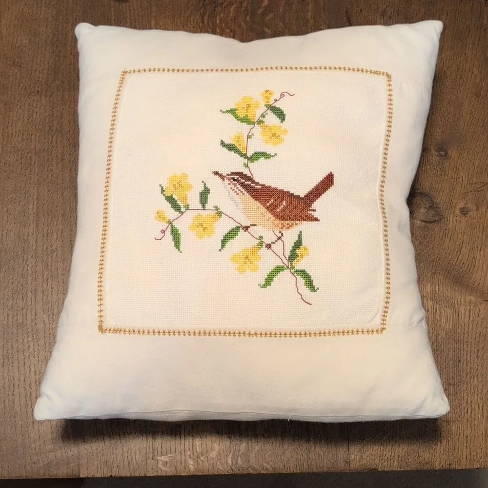 Handmade Cross Stitch Bird and Floral Accent Throw Pillow Vintage